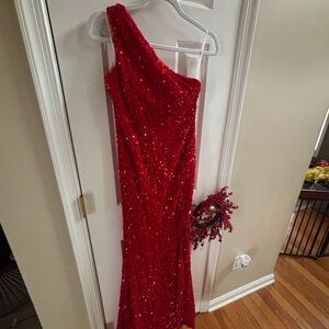 Red Sequin One-Shoulder Gown